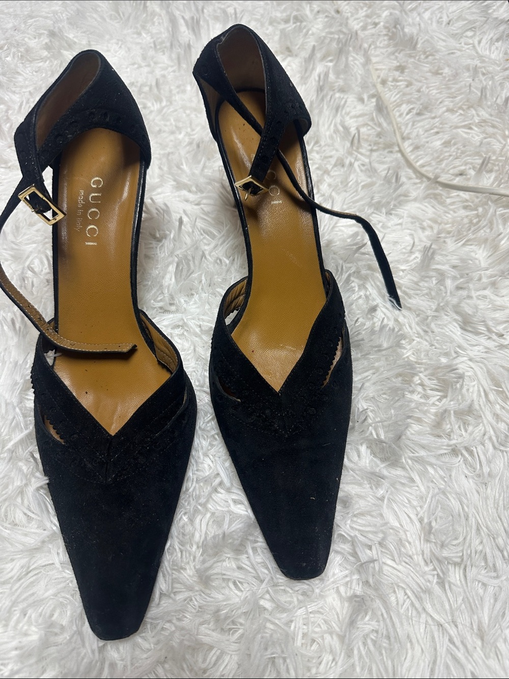 Gucci Black Suede Pointed V-Cut Ankle-Strap Pumps